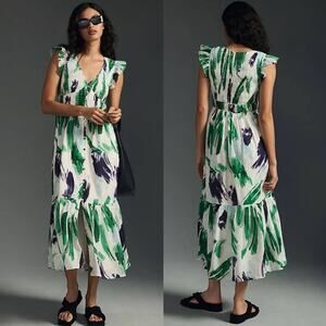 Anthropologie Womens The Peregrine Maxi Dress XS Green Flutter Sleeve Abstract